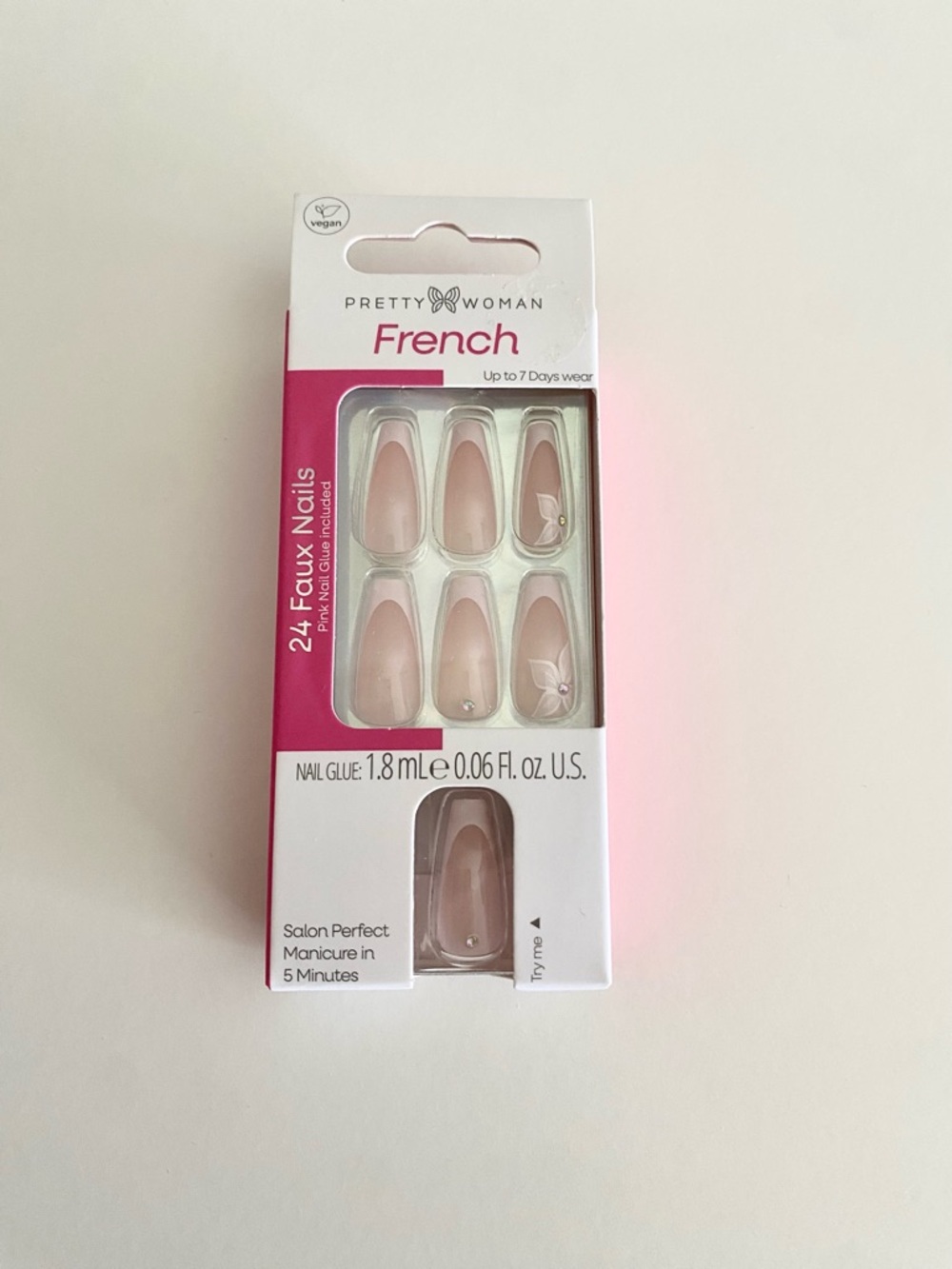 Pretty Woman Pink French Tip Coffin Press-On Nails, 24 Nails